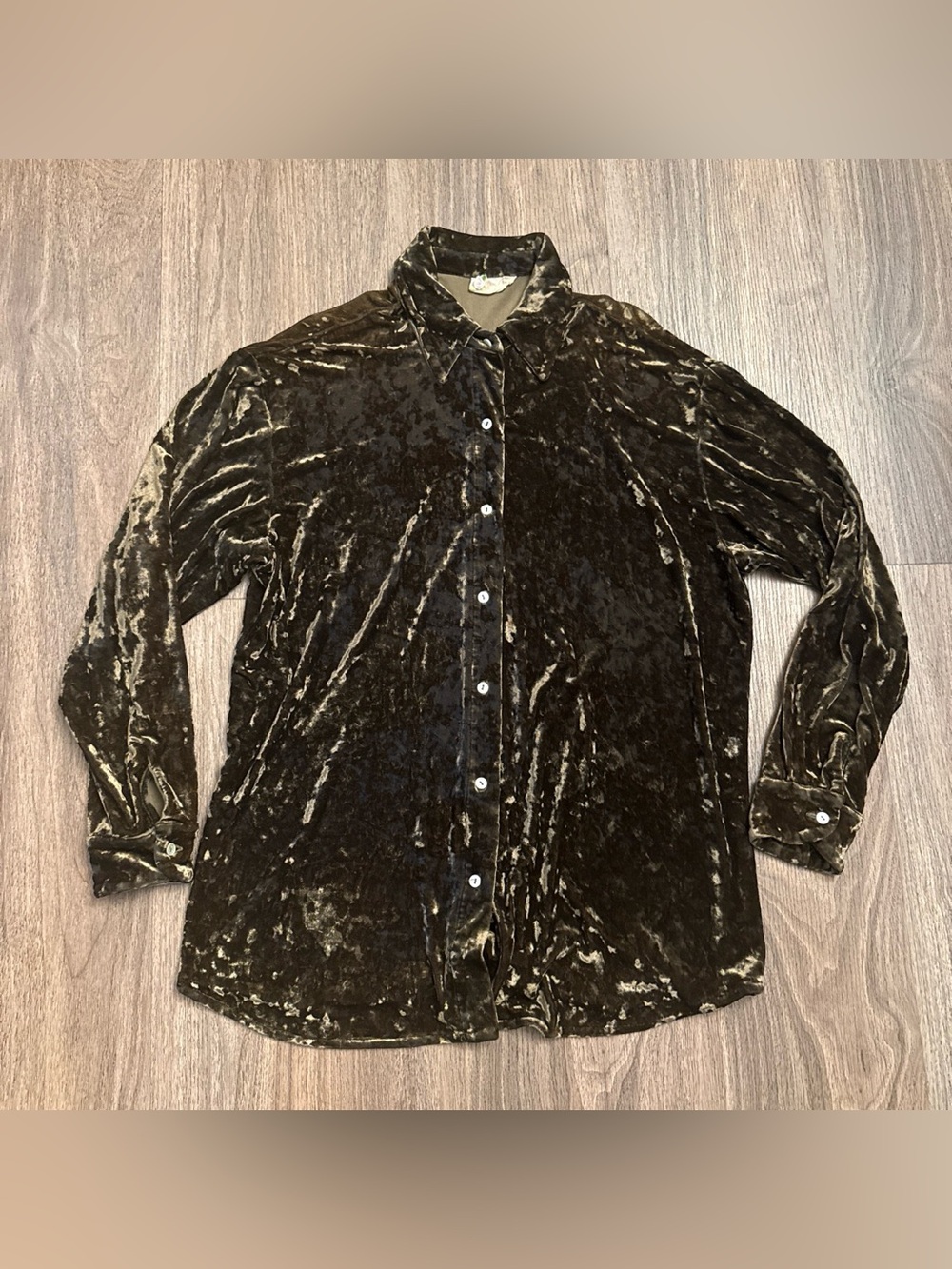 Bonnie Strauss 1990's vintage deep green, crushed velvet button-up shirt